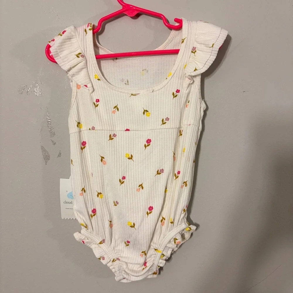 Cloud Island Floral Bodysuit Baby Girl 18M Cream NWT Ruffle Ribbed Knit Sleevele